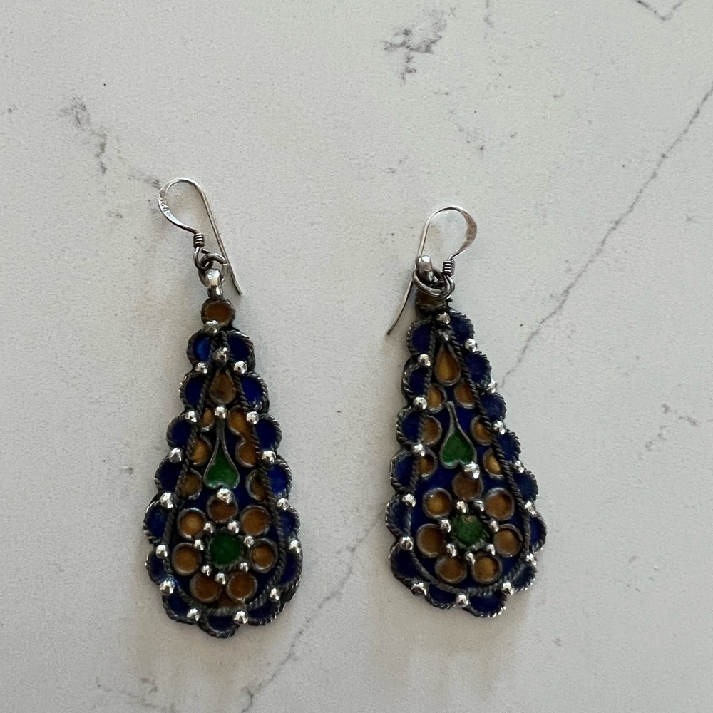 Elegant Vintage Blue and Gold Teardrop Earrings